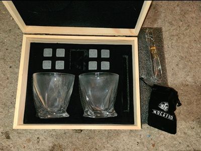 MDC&FOD Whiskey Glasses Set with Chilling Stones, Tongs, and Wooden Box - 2 Twisted Tumblers