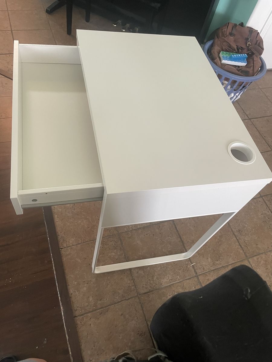 IKEA Modern White Computer Desk with Built-in Drawer and Cord Management