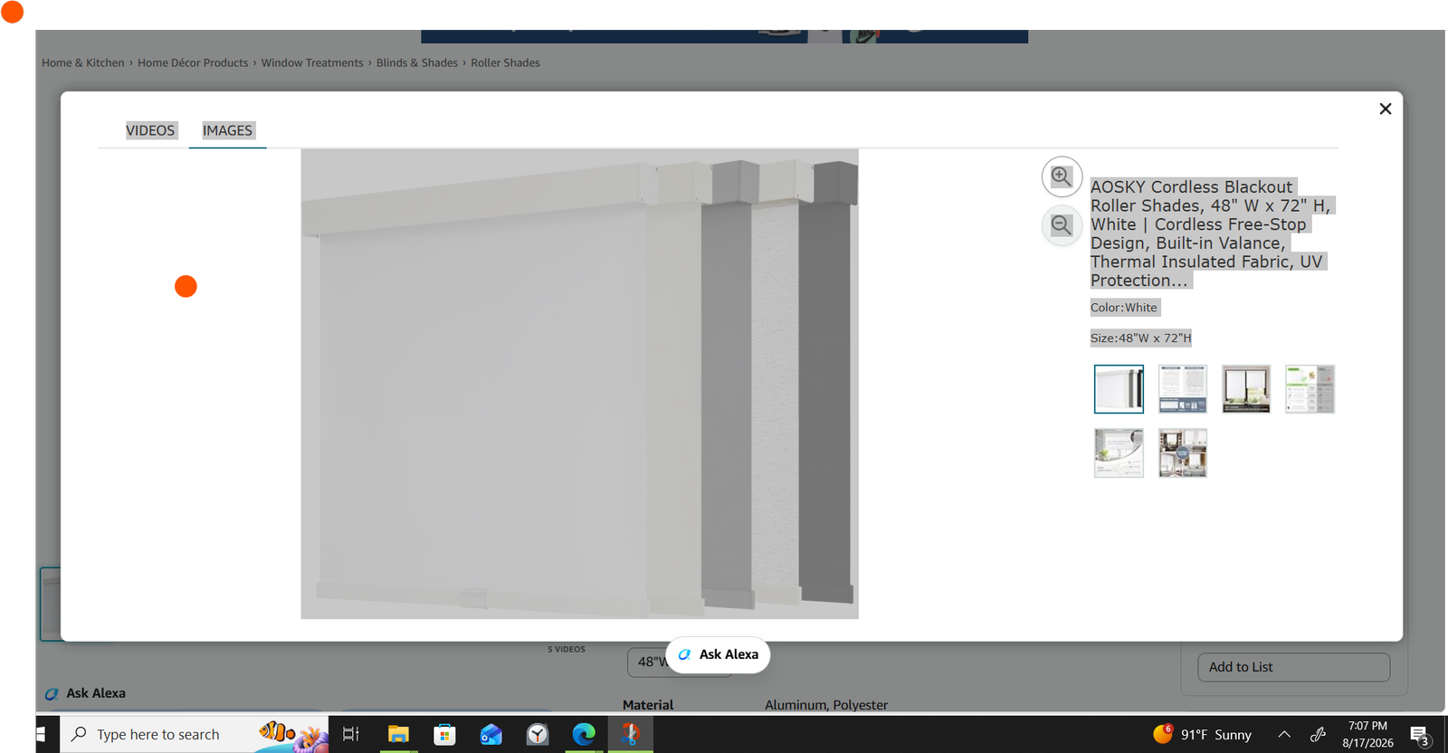 2 AOSKY Blackout Cordless Roller Blinds - Color White 48"W x 72"H