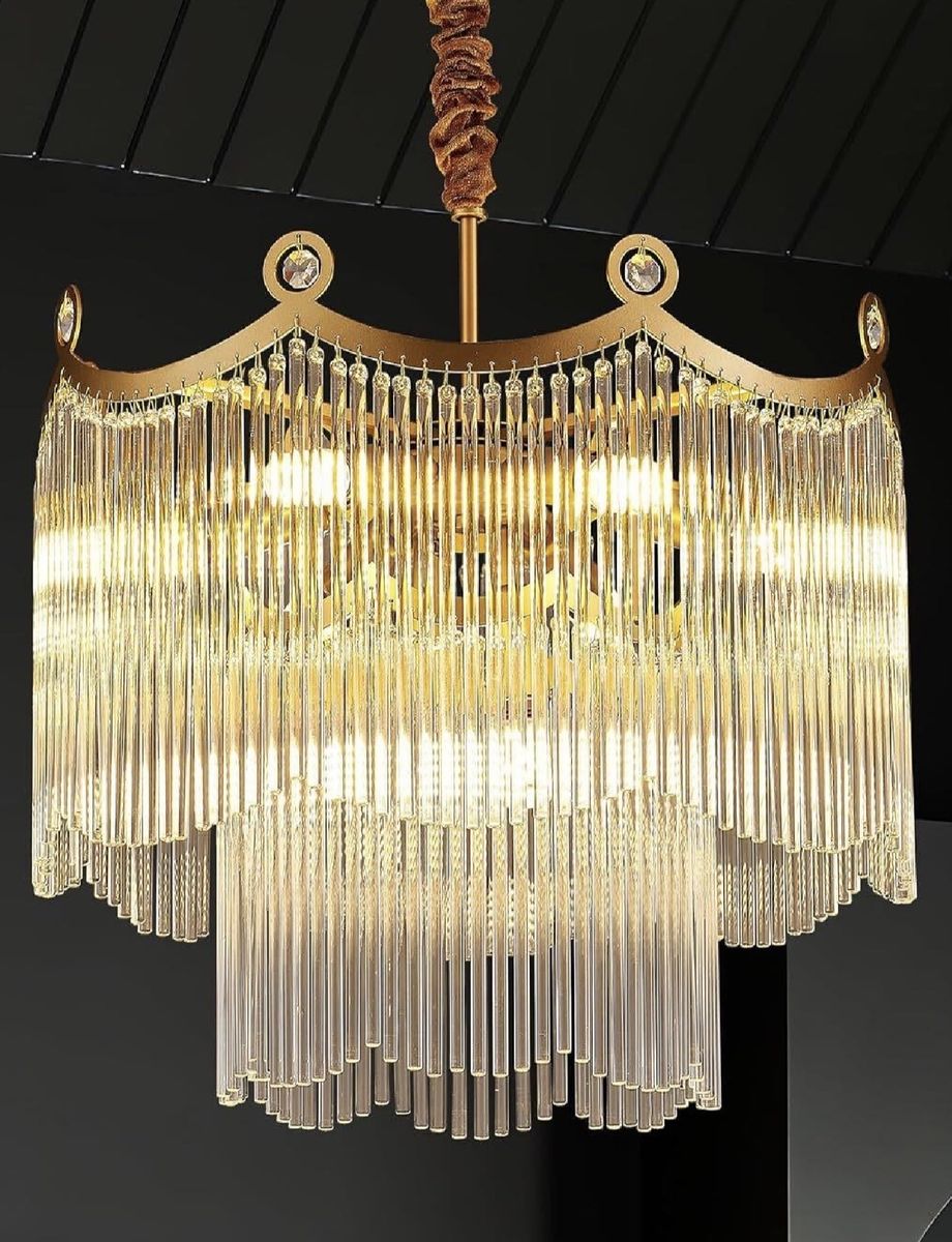 Modern Gold Tiered Crystal Glass Rod Chandelier - 18" Pendant Light