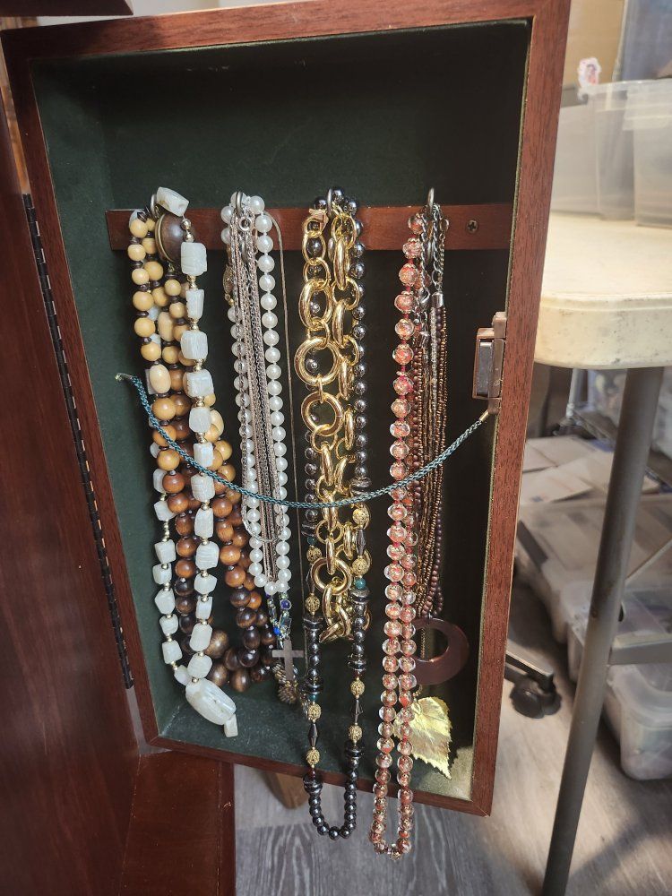 Vintage Wooden Jewelry Box & Assorted Jewelry Lot - Necklaces, Rings, Earrings, Bracelets