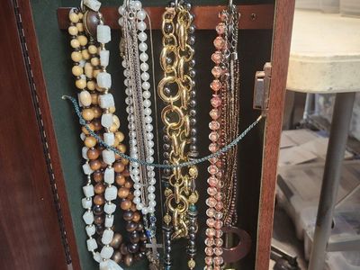 Vintage Wooden Jewelry Box & Assorted Jewelry Lot - Necklaces, Rings, Earrings, Bracelets