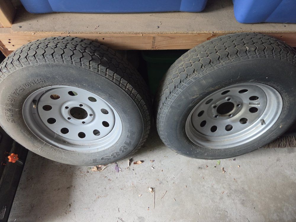 Pair of ST205/75D15 Trailer Tires on 5-Lug Steel Wheels