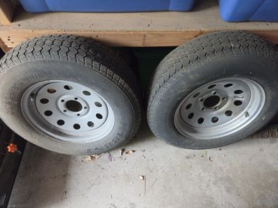 Pair of ST205/75D15 Trailer Tires on 5-Lug Steel Wheels
