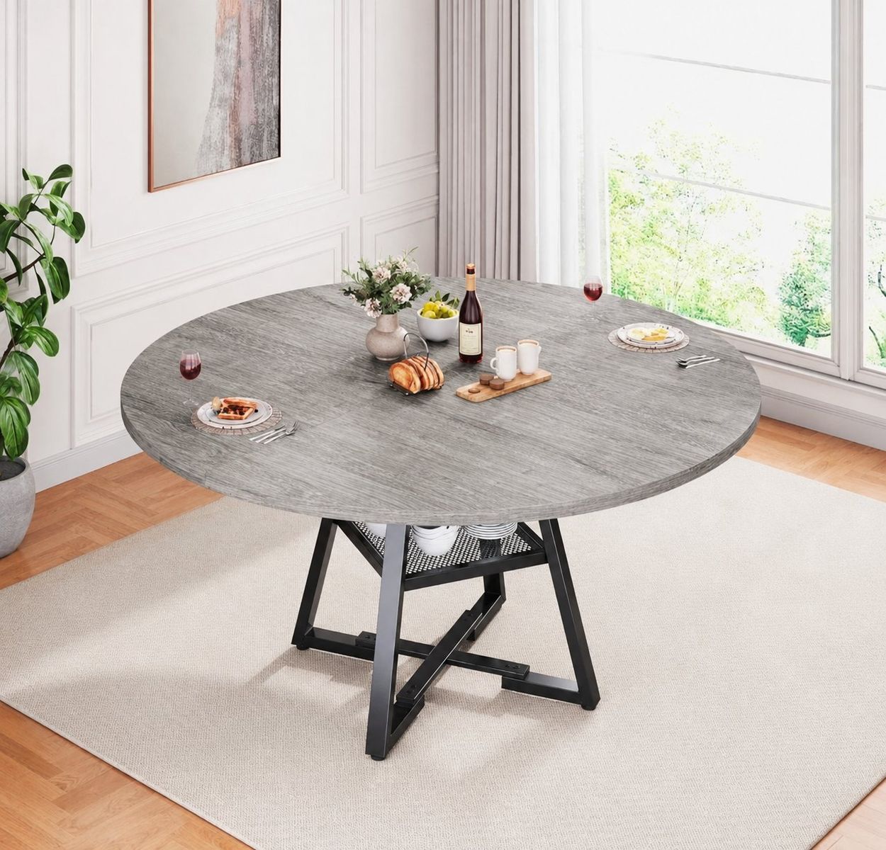 51" Round Dining Table for 4-6 People, Gray Wood Finish, Metal Frame – New  #378