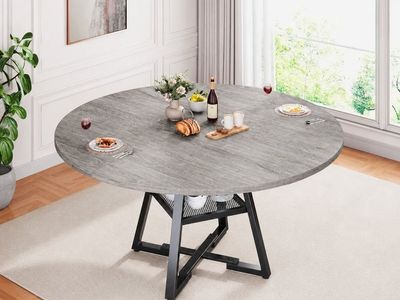 51" Round Dining Table for 4-6 People, Gray Wood Finish, Metal Frame – New #378