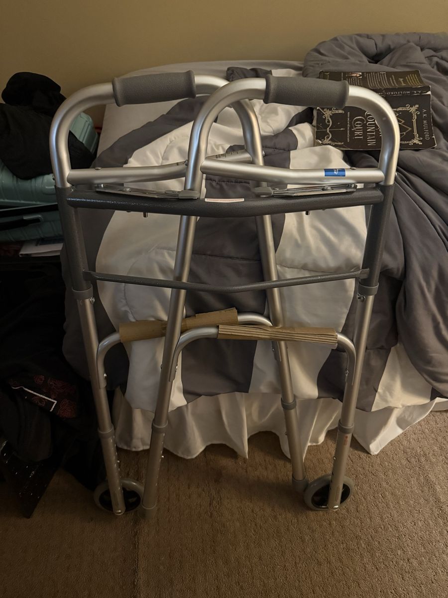 Foldable Medical Walker with Front Wheels and Grey Handgrips