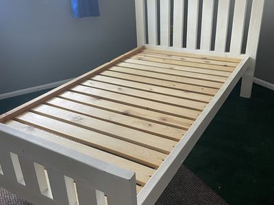 White Wood Slatted Twin Bed Frame, Headboard & Footboard, Wood Slats Included