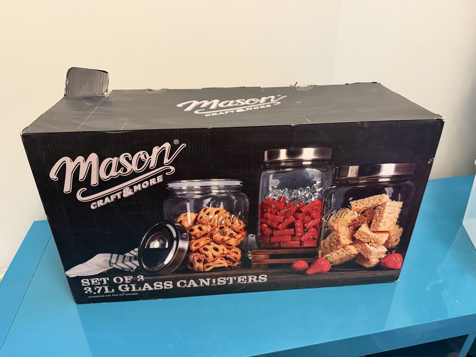 Mason Craft & More 3.7L Glass Canisters Set of 3 with Stainless Steel Pop-Up Lids - Vintage Style