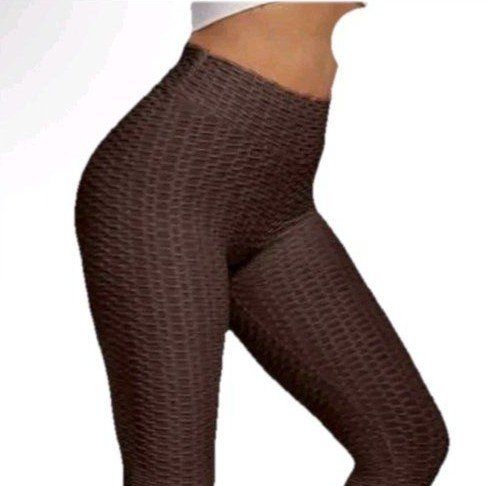 Women's Brown Textured High-Waist Squat-Proof Leggings - Cotton/Spandex Blend