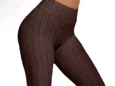 Women's Brown Textured High-Waist Squat-Proof Leggings - Cotton/Spandex Blend