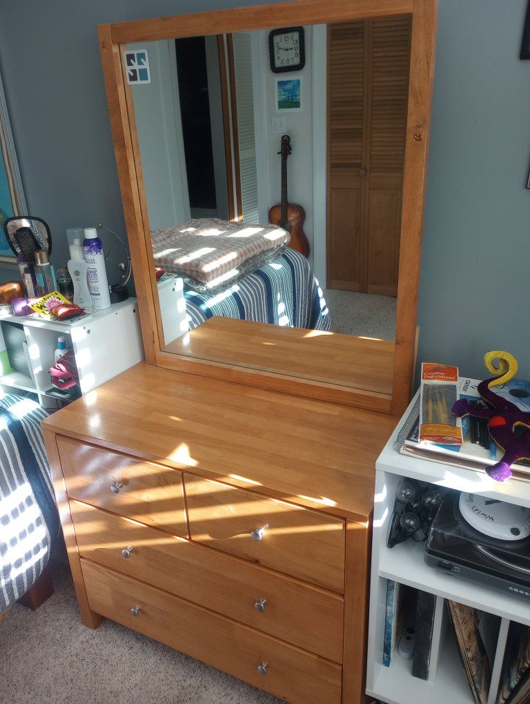 Hardwood Dresser with large Attached Mirror and Three Drawers