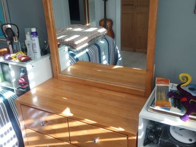 Hardwood Dresser with large Attached Mirror and Three Drawers