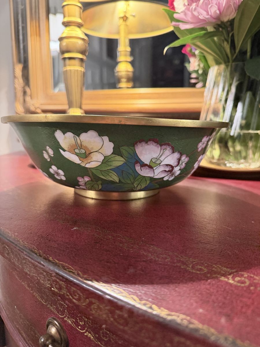 Vintage Cloisonne Brass Bowl Hand Painted Floral Bird Design Green Enamel