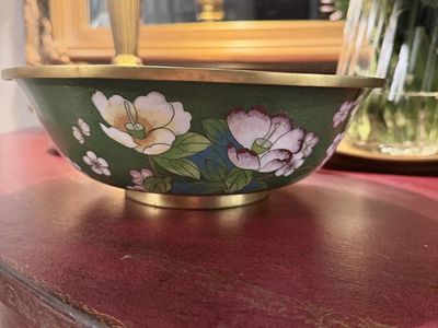 Vintage Cloisonne Brass Bowl Hand Painted Floral Bird Design Green Enamel