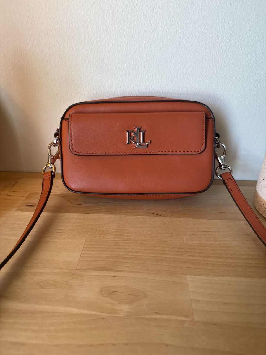 Ralph Lauren Small Marcy Leather Convertible Pouch Crossbody Purse Rust Orange