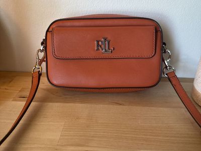 Ralph Lauren Small Marcy Leather Convertible Pouch Crossbody Purse Rust Orange