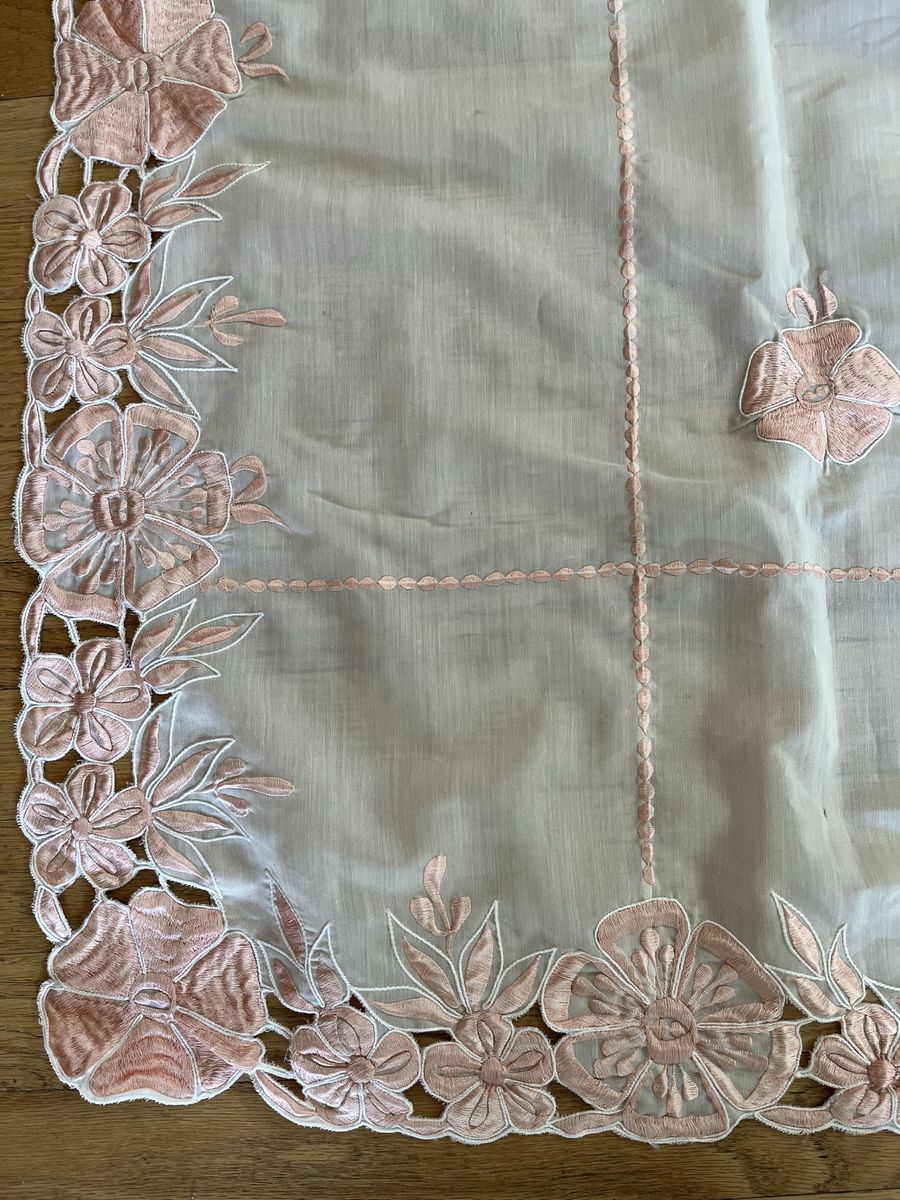 Antique Off White Colored Embroidered Tablecloth with Cutouts and Scalloping