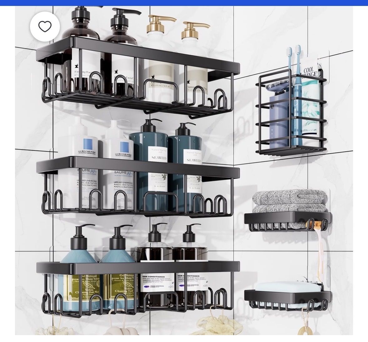 Black Bathroom Organizer Shower Caddy Shelf Set - Wall-Mounted, No Drill