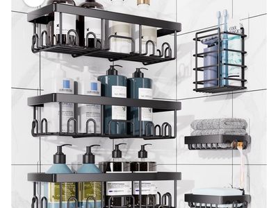 Black Bathroom Organizer Shower Caddy Shelf Set - Wall-Mounted, No Drill