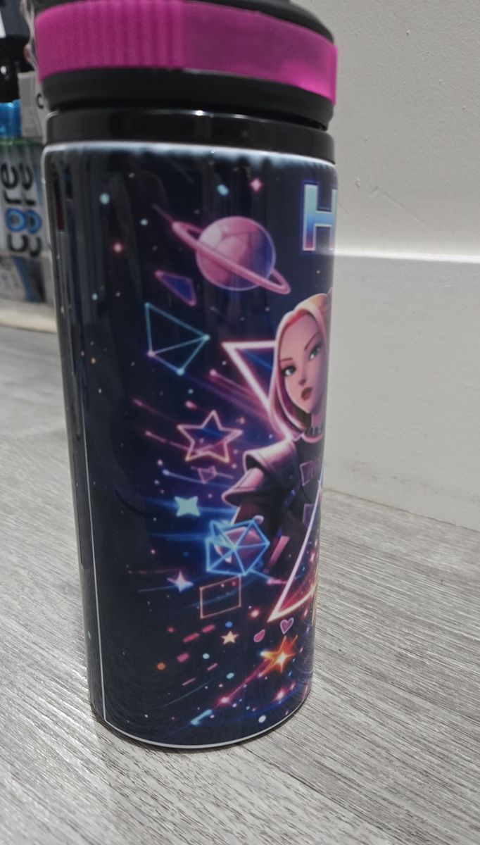 K-Pop HUNTRIX Water Bottle, Space Theme with Anime-style Characters, Pink & Black Lid