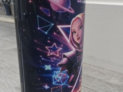 K-Pop HUNTRIX Water Bottle, Space Theme with Anime-style Characters, Pink & Black Lid