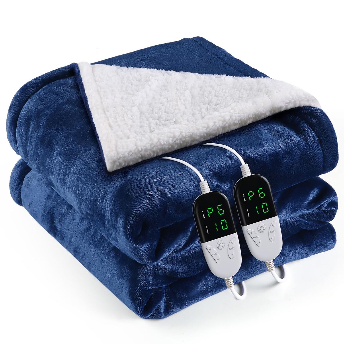 ONEAMG Electric Heated Blanket, Blue Sherpa Fleece Throw with Dual Controls - Machine Washable