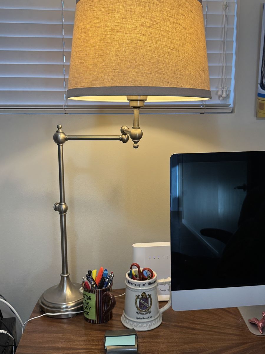 2 Pottery Barn Adjustable Swing Arm Desk Lamp with Linen Shade - Antique Brass Finish, Classic Style