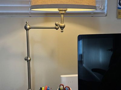 2 Pottery Barn Adjustable Swing Arm Desk Lamp with Linen Shade - Antique Brass Finish, Classic Style