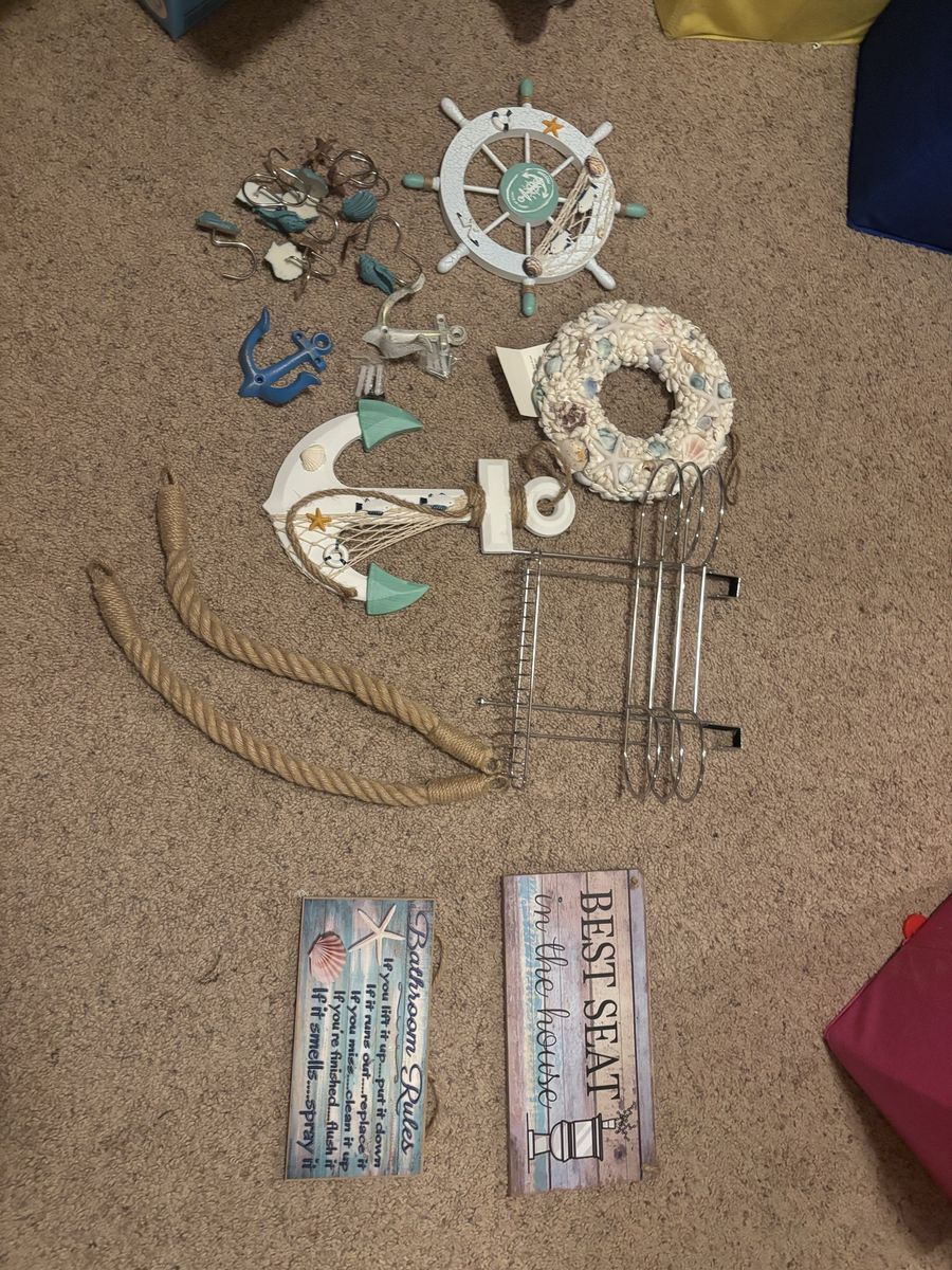 Coastal Bathroom Decor Set - Anchor Shower Curtain, Wheel, Wreath, Hooks & Signs