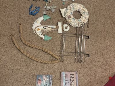Coastal Bathroom Decor Set - Anchor Shower Curtain, Wheel, Wreath, Hooks & Signs