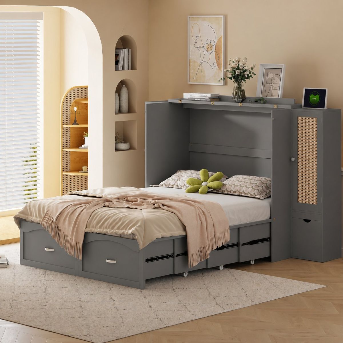 FULL SIZE MURPHY BED / CABINET BED – GRAY RATTAN STYLE – SPACE SAVER - Originally $950!