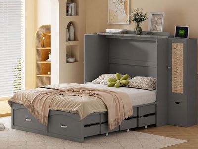FULL SIZE MURPHY BED / CABINET BED – GRAY RATTAN STYLE – SPACE SAVER - Originally $950!