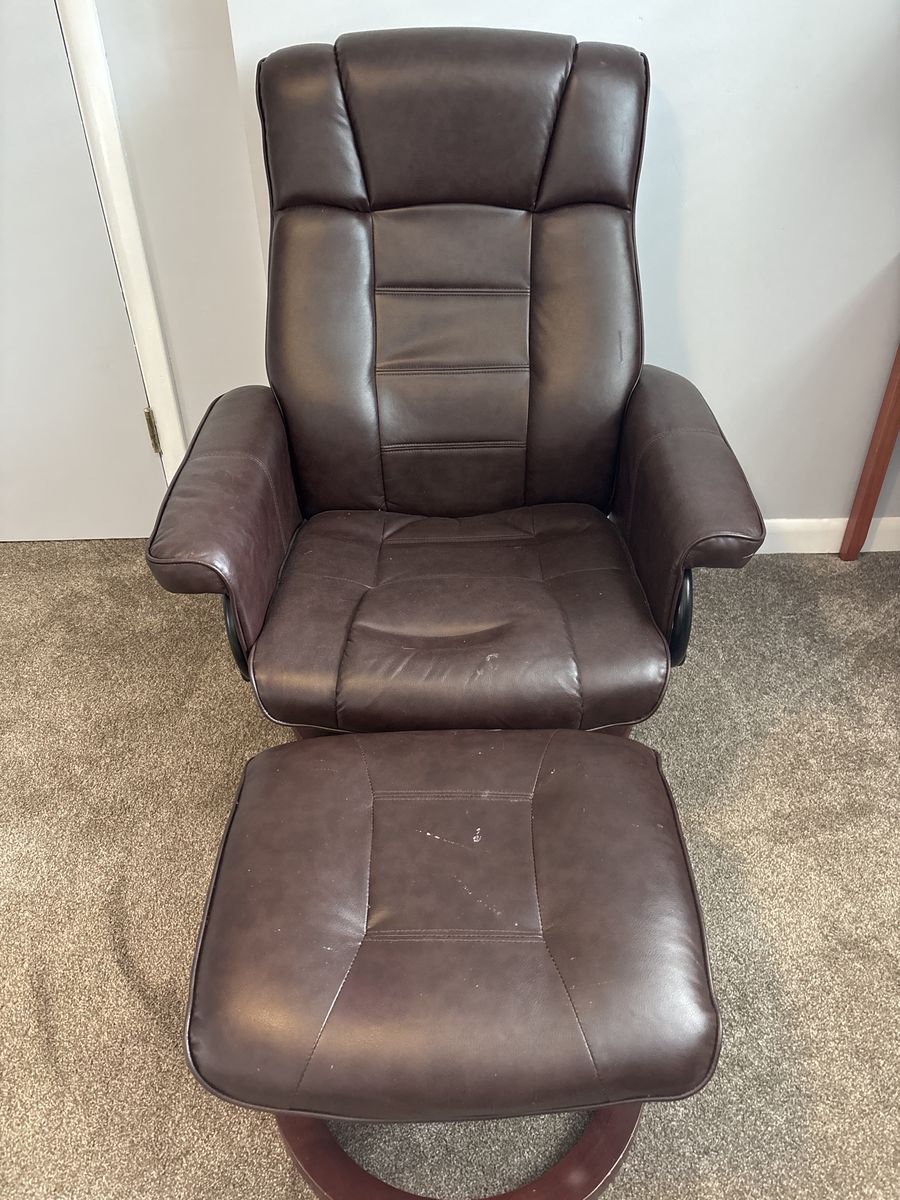 Brown Faux Leather Recliner Chair with Ottoman - Swivel Base, Comfortable Lumbar Support