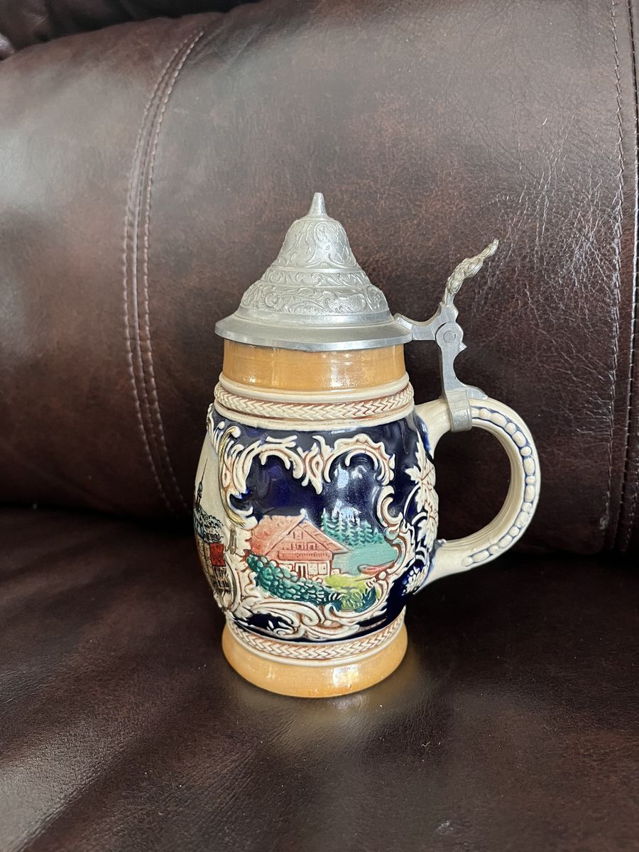 Antique German Beer Stein with a Pewter Lid