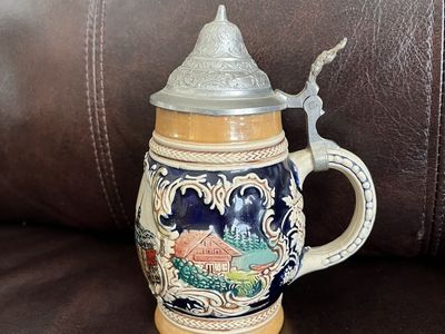 Antique German Beer Stein with a Pewter Lid