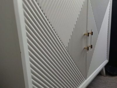 White Modern Geometric Accent Cabinet with Acrylic Handles and Interior Shelving
