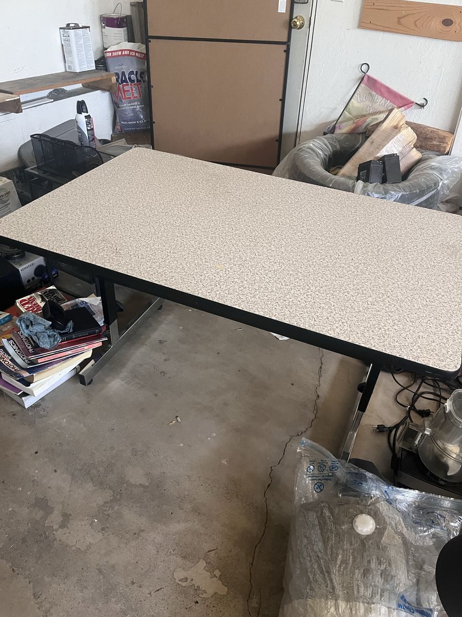 Adjustable Height Work Table - Tan Speckle Laminate Top, Black Frame, Sturdy Design