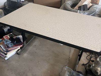 Adjustable Height Work Table - Tan Speckle Laminate Top, Black Frame, Sturdy Design
