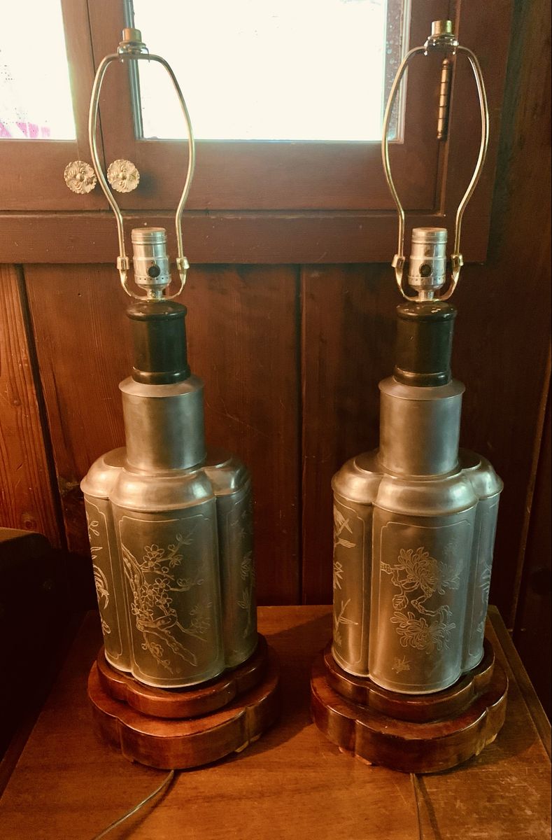 Antique metal Asian Chinoiserie Tea Cannister Table Lamp pair wooden base Birds and Floral Motif 