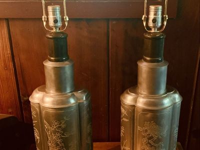 Antique metal Asian Chinoiserie Tea Cannister Table Lamp pair wooden base Birds and Floral Motif