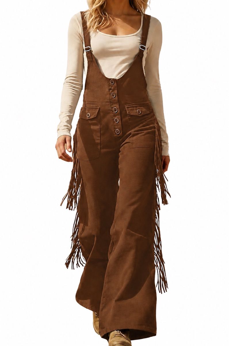 New! Darling Brown Fringe Overalls Wide Leg Jumpsuit Size XL. Great Western Piece!