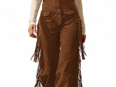New! Darling Brown Fringe Overalls Wide Leg Jumpsuit Size XL. Great Western Piece!