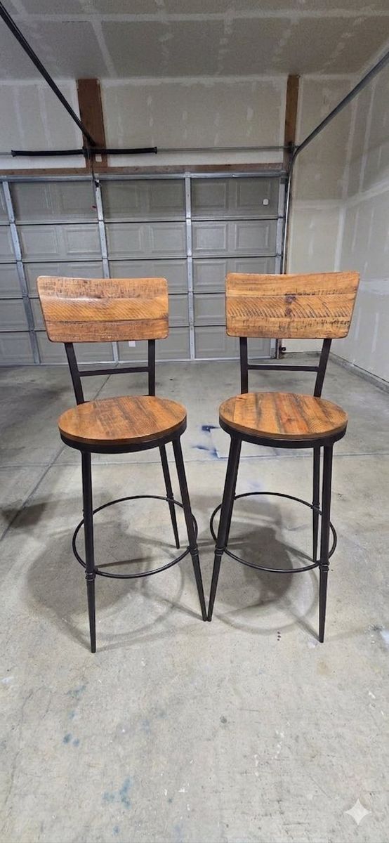 Pair of Industrial Wood & Metal Bar Stools (31.5" Seat Height) – Excellent Condition
