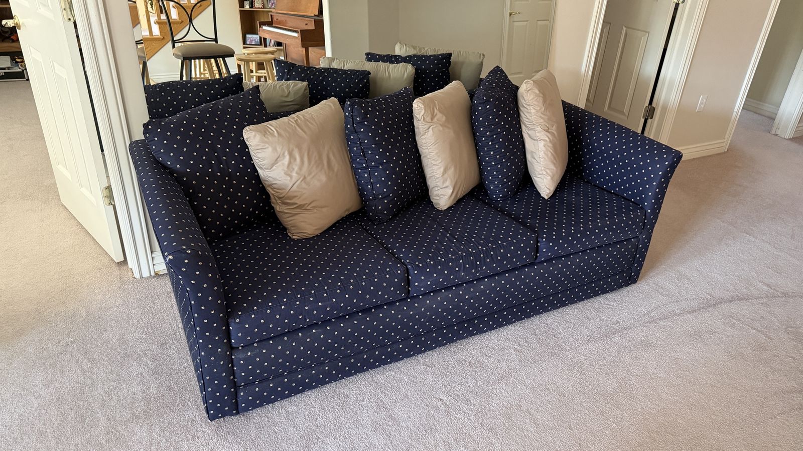 Gently Used Navy Blue Patterned Queen Hide-A-Bed Sofa with Accent Pillows