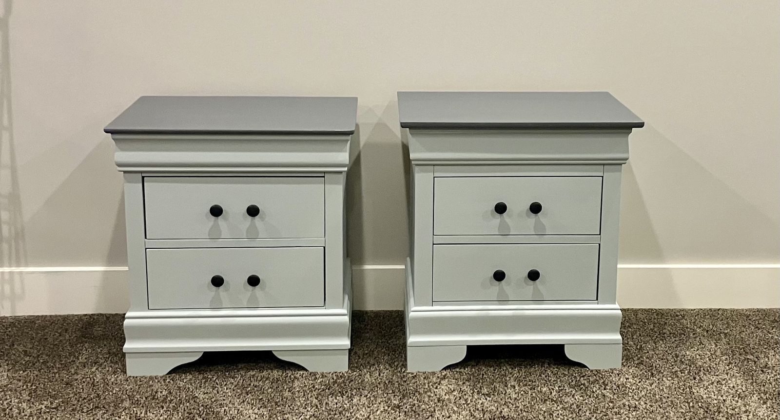 2 Wood Nightstands with 2 Drawers / Side Tables (Painted Two-Tone Gray)