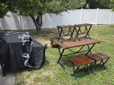 Rustic Wood & Metal Table Set with 4 Stools - Outdoor Patio/Garden Furniture