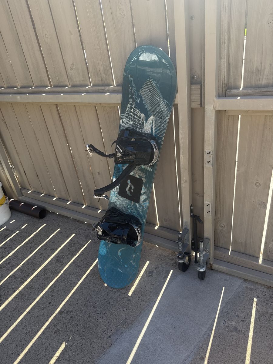 Snowboard with Bindings - Blue/Black Cityscape Graphic