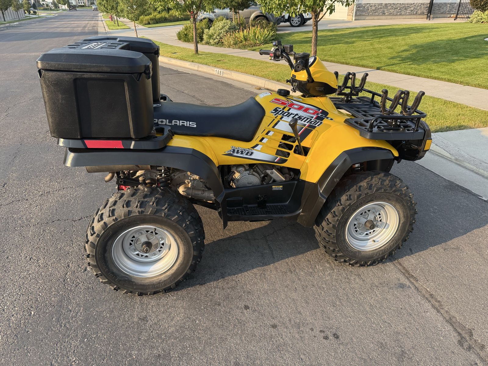 Polaris Sportsman 500 HO AWD Yellow ATV with Rear Cargo Box & Front Gun Racks