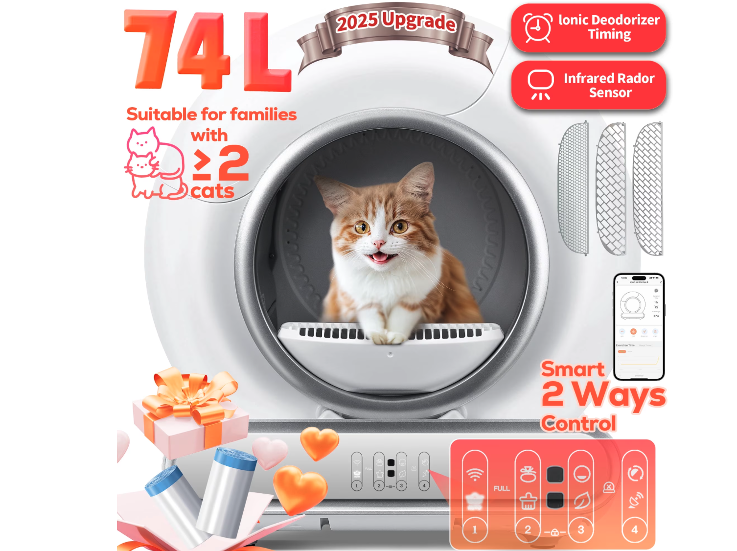 New Self Cleaning Cat Litter Box, Automatic Cat Litter Box with APP Control, 65+9L Large Capacity,